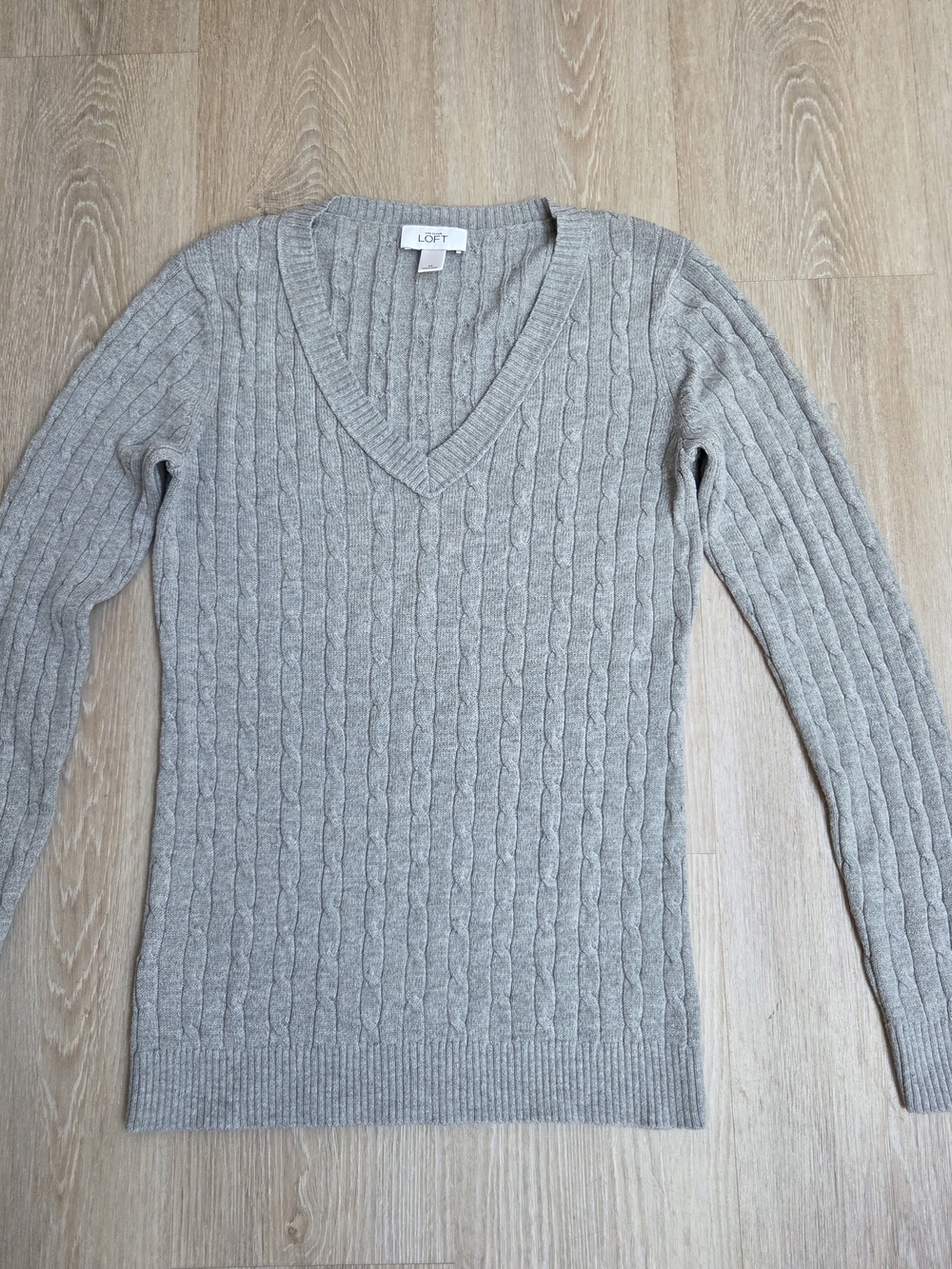 LOFT Rabbit Hair Blend Cable-Knit V-Neck Rabit Sweater in Light Heather Gray